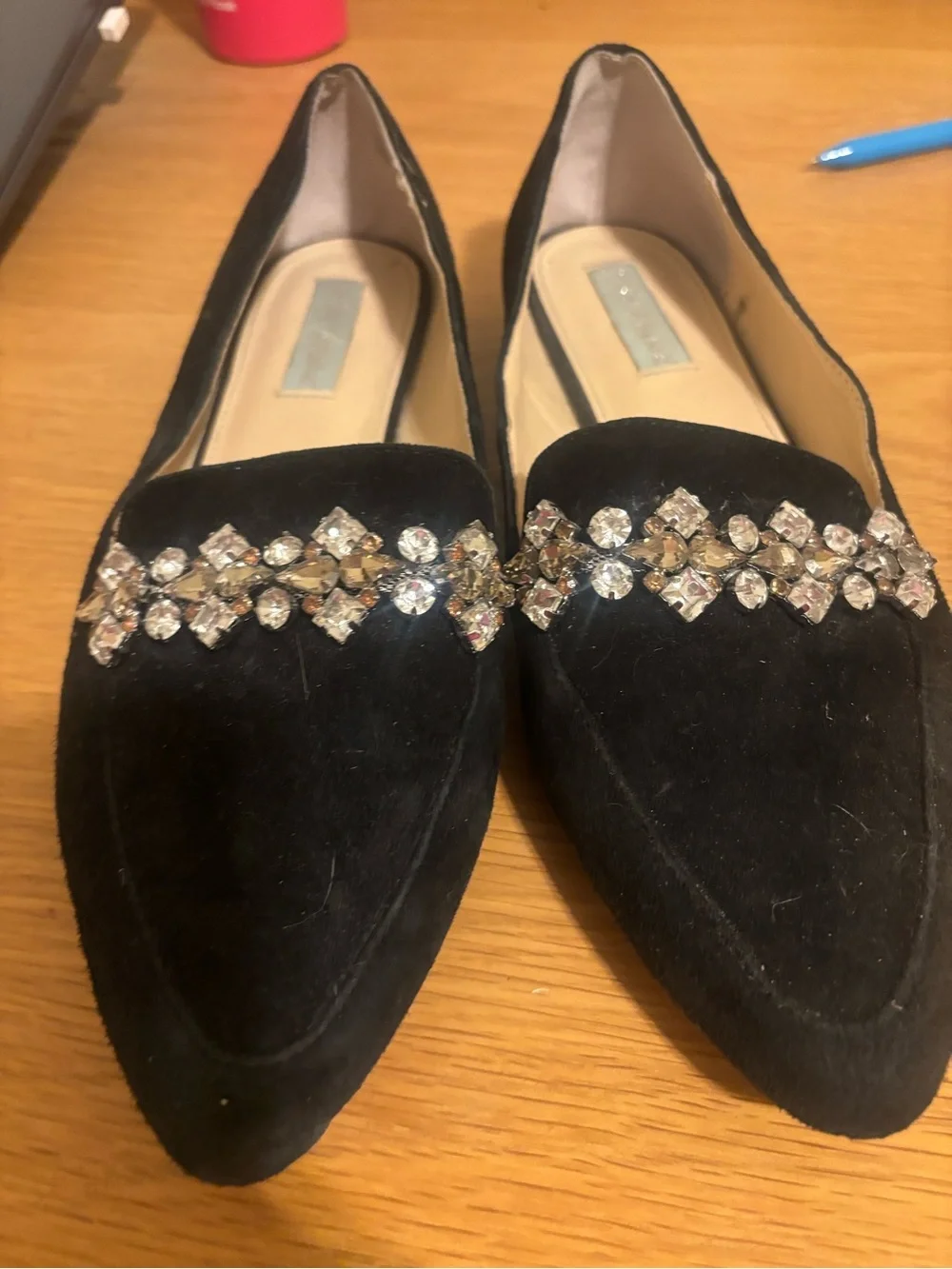 Betsey Johnson Black Pointed-Toe Flats with Crystal Embellishment